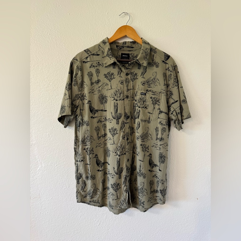 RVCA Button Down, Green Khaki with Black Desert Print, Size Large